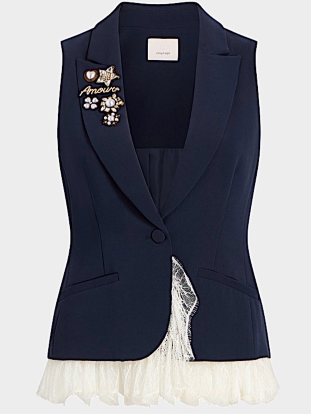 cinq a sept Navy Sleeveless Blazer Vest with Lace Hem and Brooch Accents - Picture 2 of 8